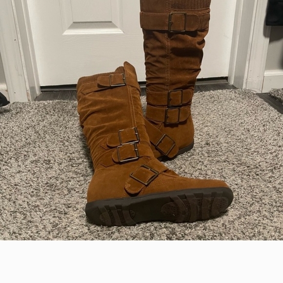 Shoes - Stylish Tan Over the Knee Boots with Buckle Detail